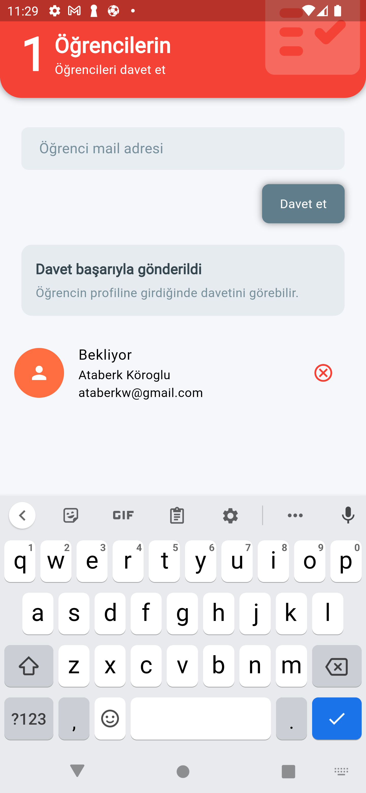 Öğrenciyi başarıyla davet ettiniz